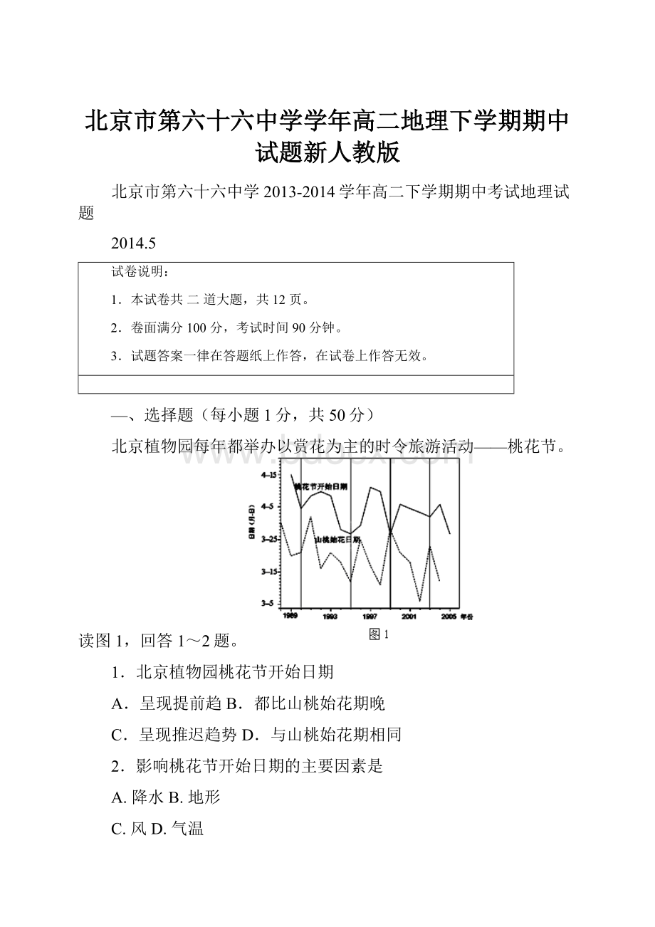 北京市第六十六中学学年高二地理下学期期中试题新人教版.docx