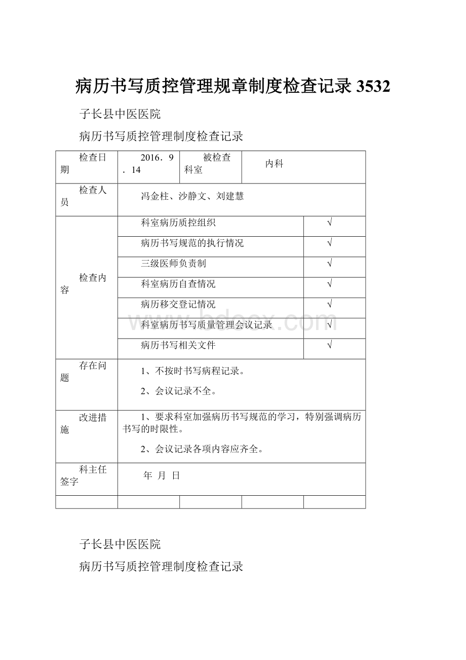 病历书写质控管理规章制度检查记录3532.docx