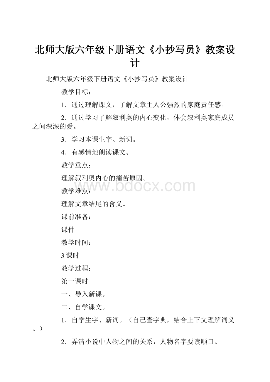 北师大版六年级下册语文《小抄写员》教案设计.docx