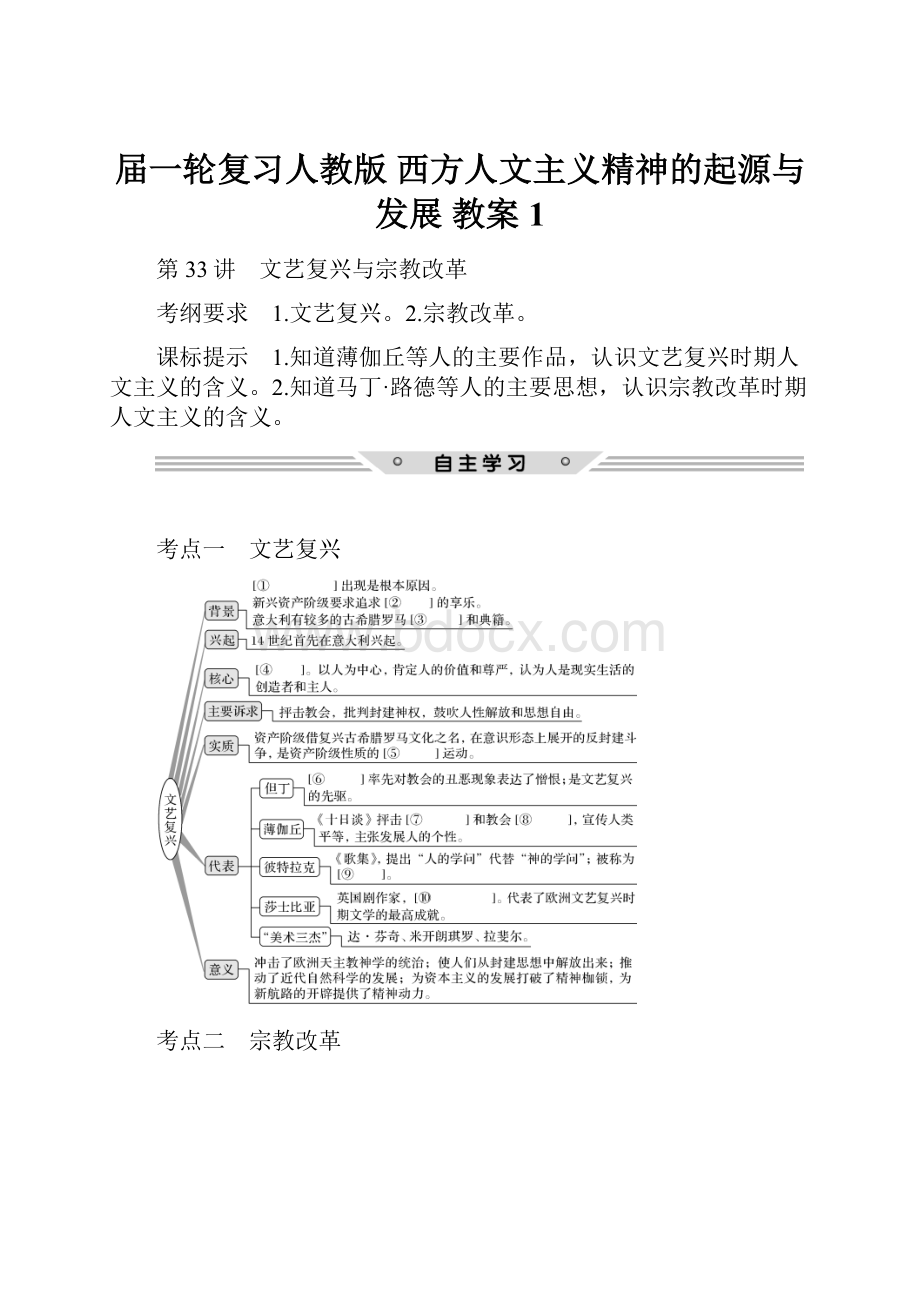 届一轮复习人教版西方人文主义精神的起源与发展教案 1.docx_第1页