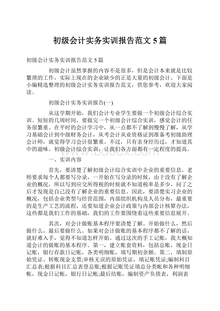 初级会计实务实训报告范文5篇.docx_第1页