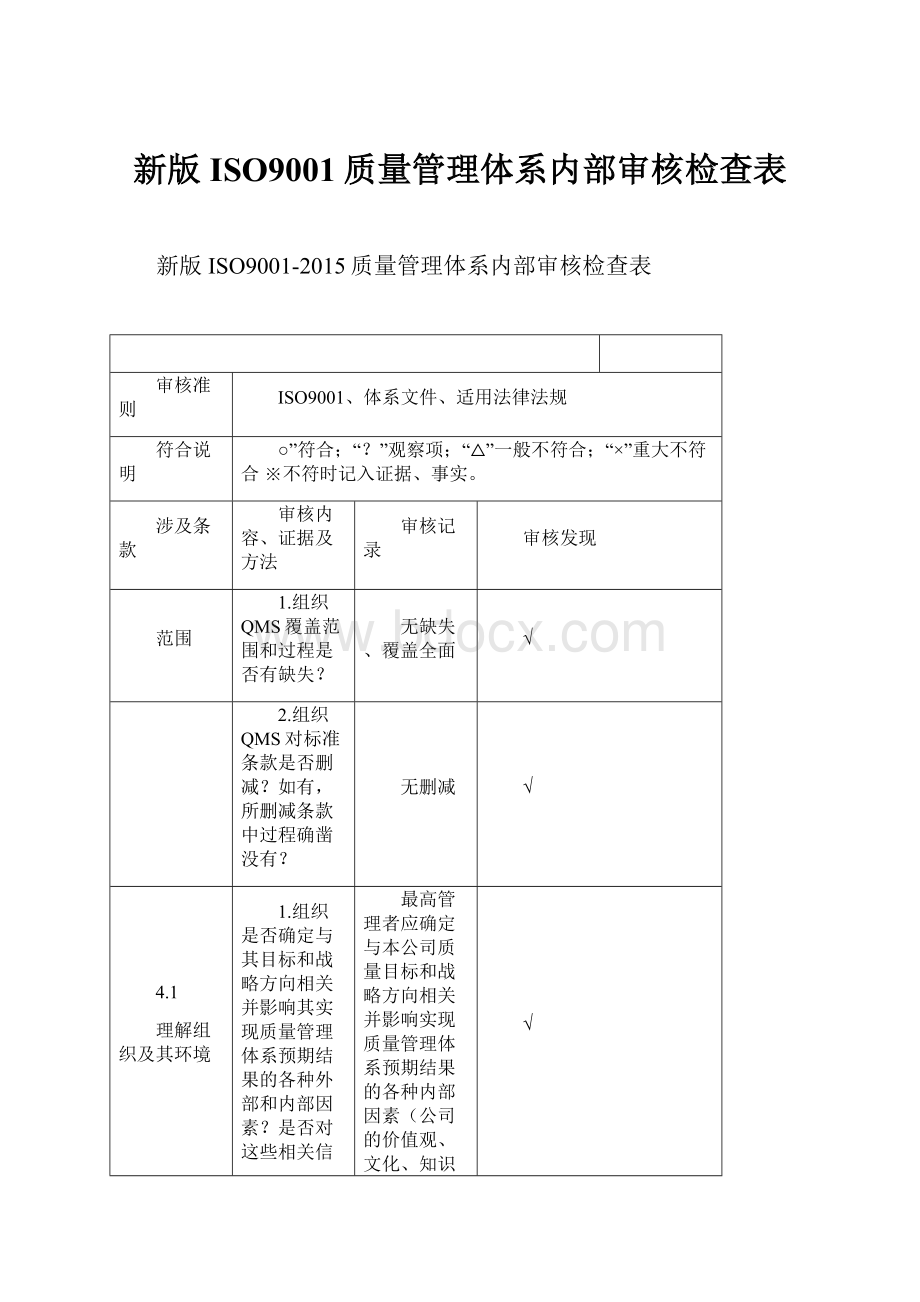 新版ISO9001质量管理体系内部审核检查表.docx