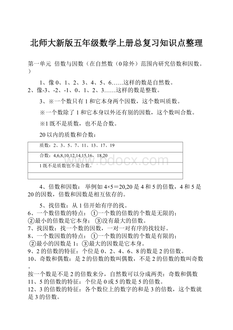 北师大新版五年级数学上册总复习知识点整理.docx