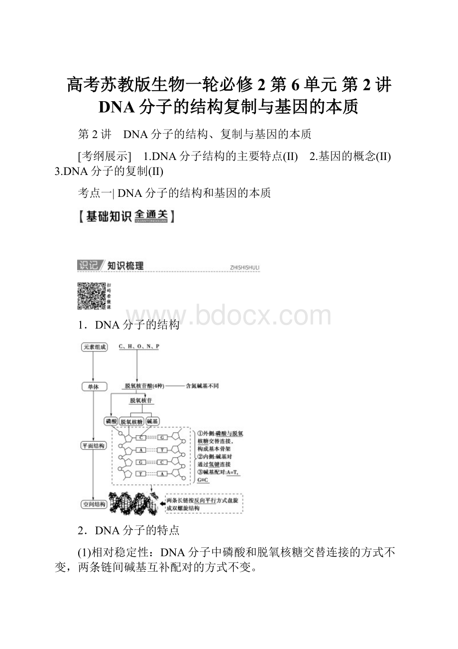 高考苏教版生物一轮必修2 第6单元 第2讲 DNA分子的结构复制与基因的本质.docx