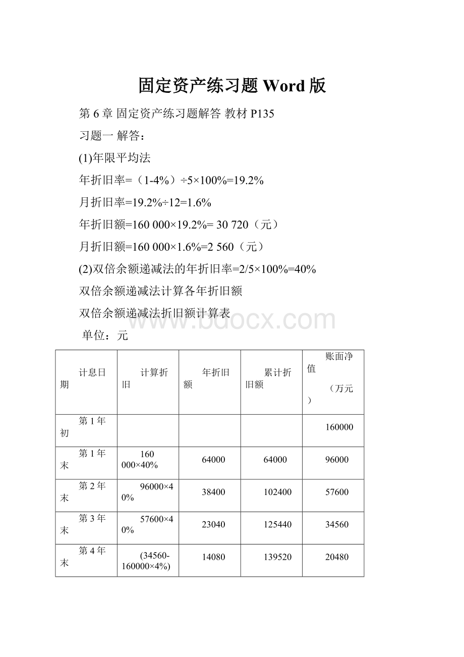 固定资产练习题Word版.docx