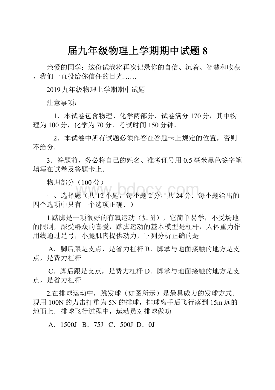 届九年级物理上学期期中试题 8.docx