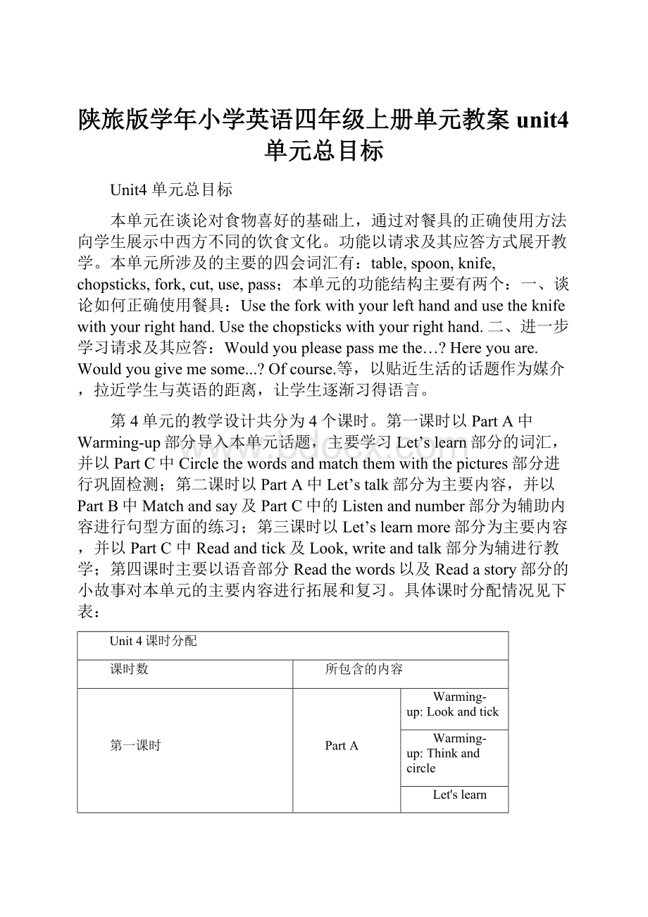 陕旅版学年小学英语四年级上册单元教案unit4单元总目标.docx_第1页