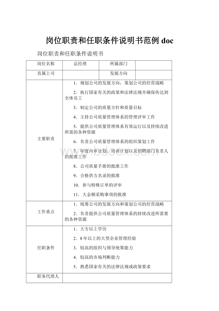 岗位职责和任职条件说明书范例doc.docx