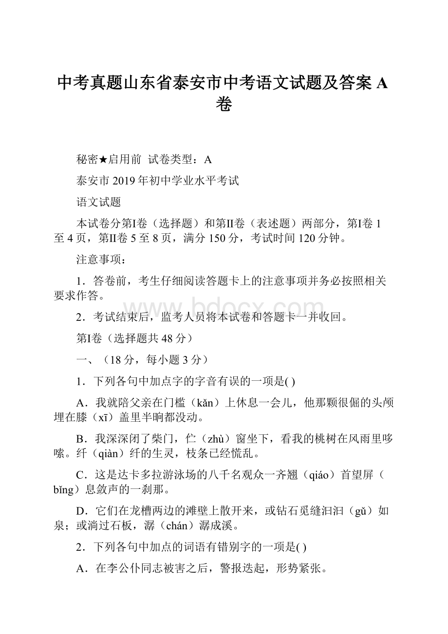 中考真题山东省泰安市中考语文试题及答案A卷.docx