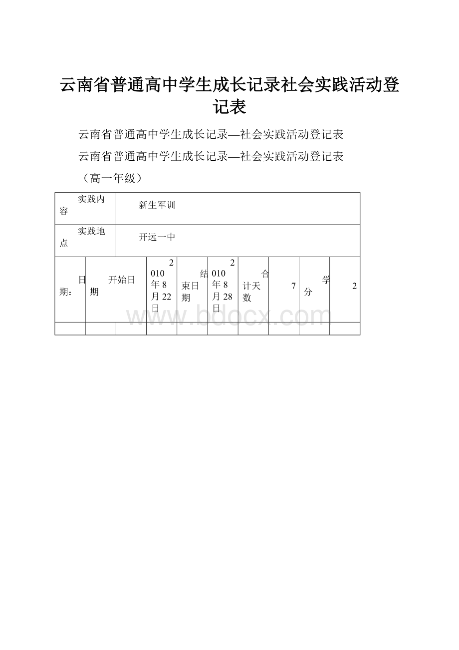 云南省普通高中学生成长记录社会实践活动登记表.docx_第1页