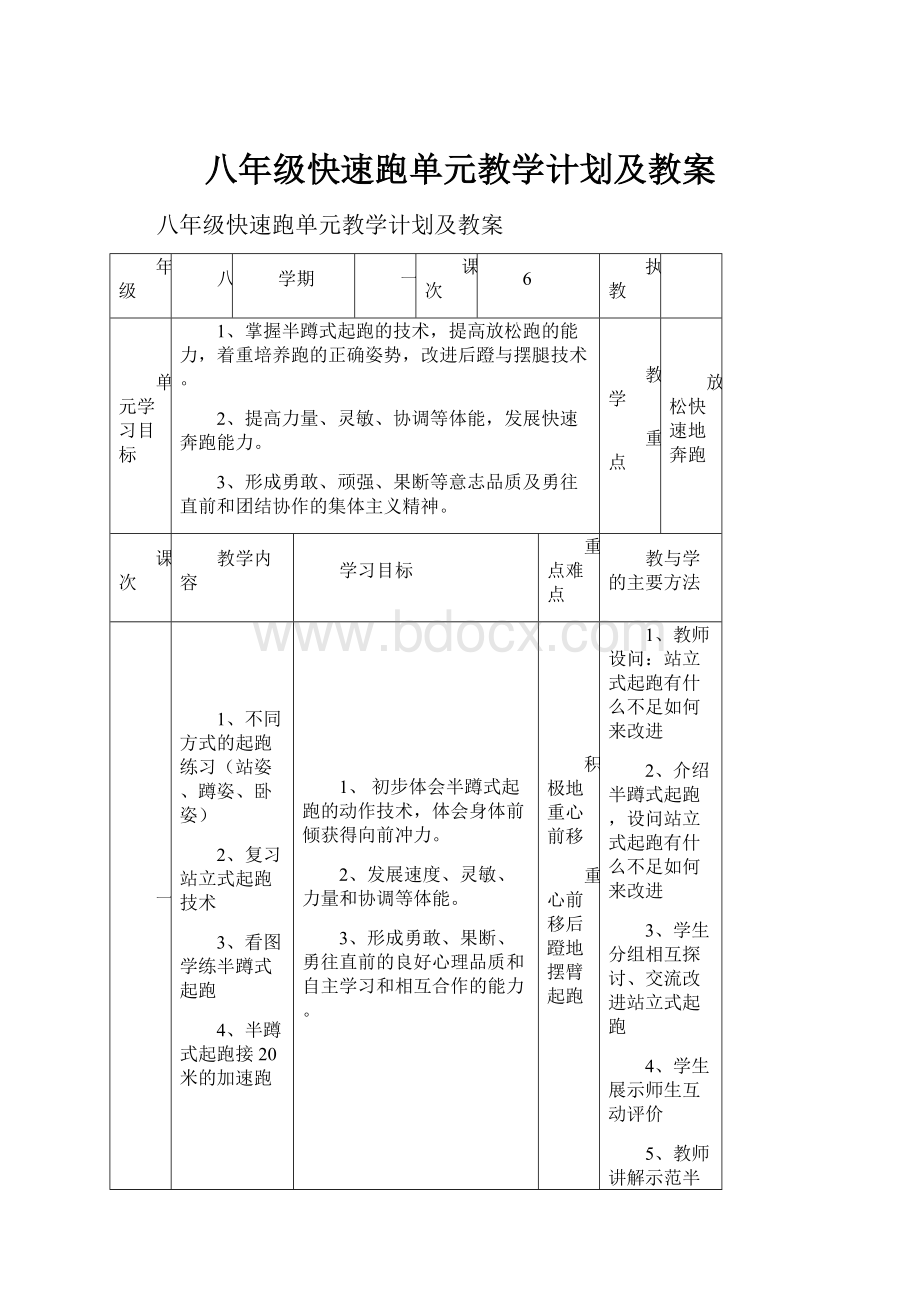 八年级快速跑单元教学计划及教案.docx_第1页