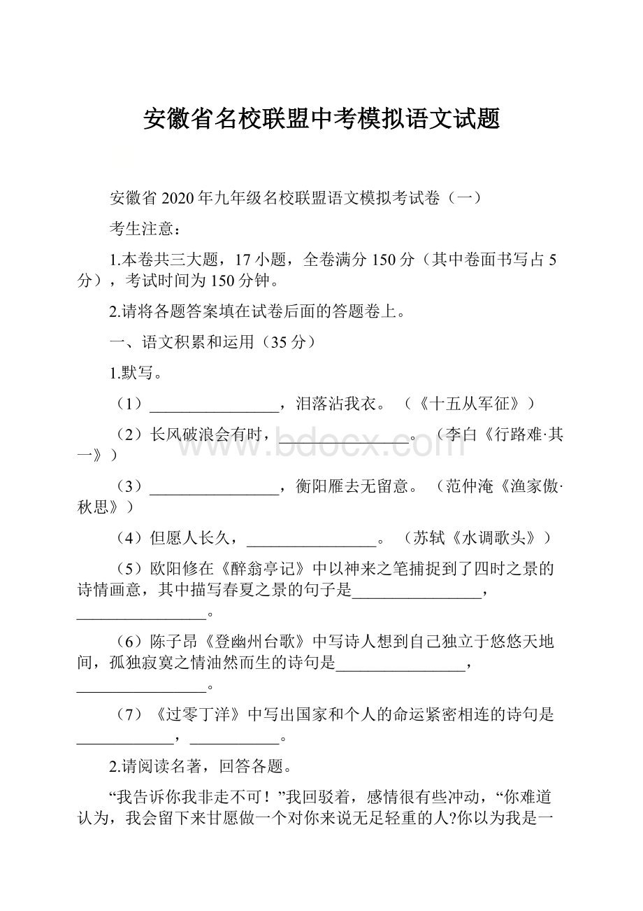 安徽省名校联盟中考模拟语文试题.docx