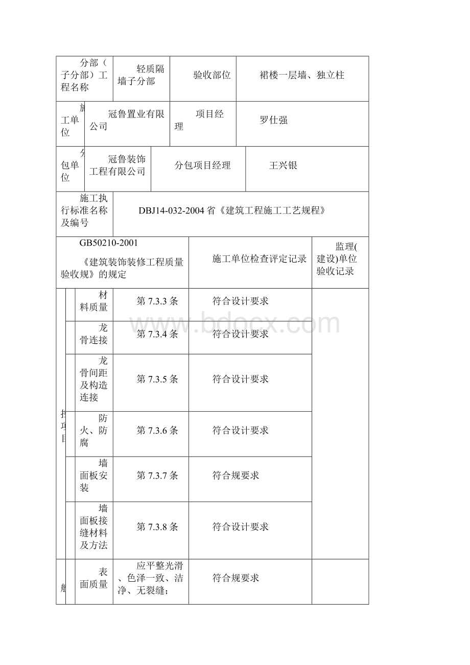 骨架隔墙工程施工检验批质量验收记录表.docx_第2页