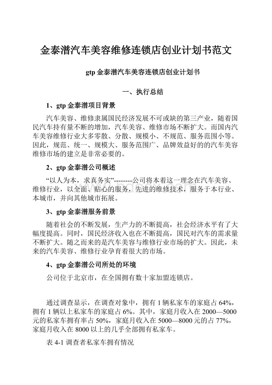 金泰潽汽车美容维修连锁店创业计划书范文.docx