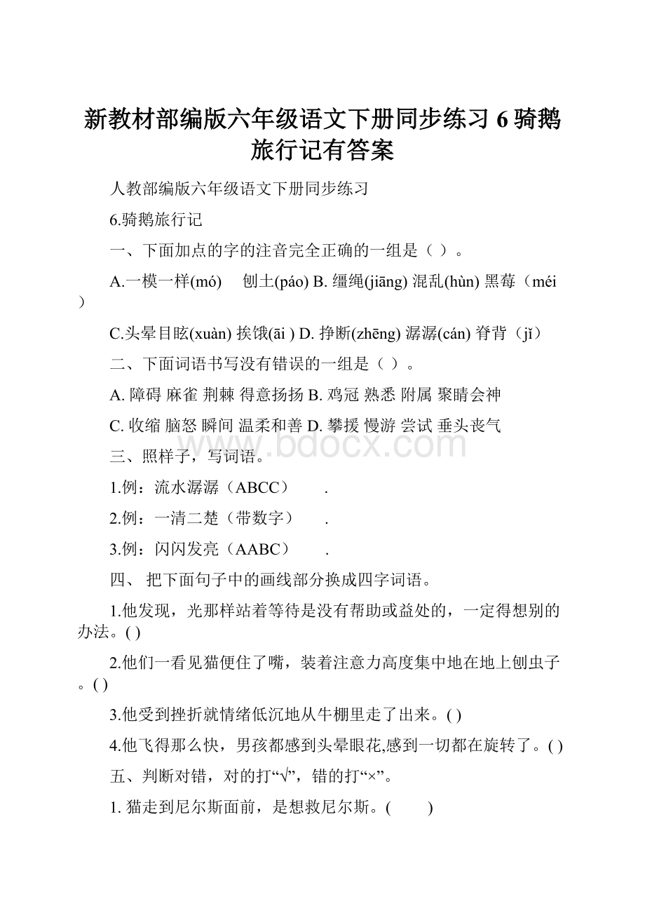 新教材部编版六年级语文下册同步练习6骑鹅旅行记有答案.docx