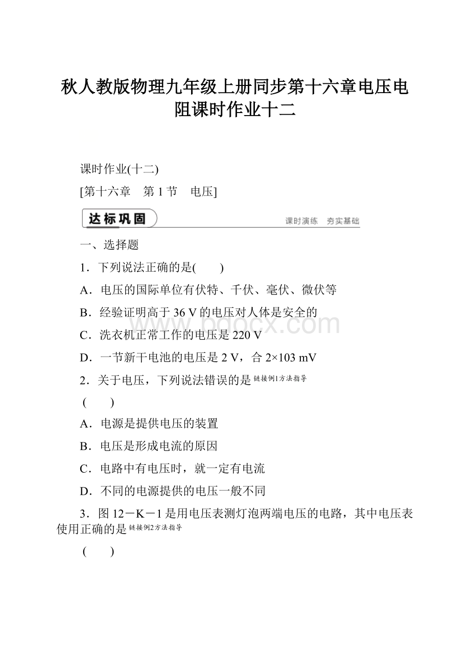 秋人教版物理九年级上册同步第十六章电压电阻课时作业十二.docx_第1页