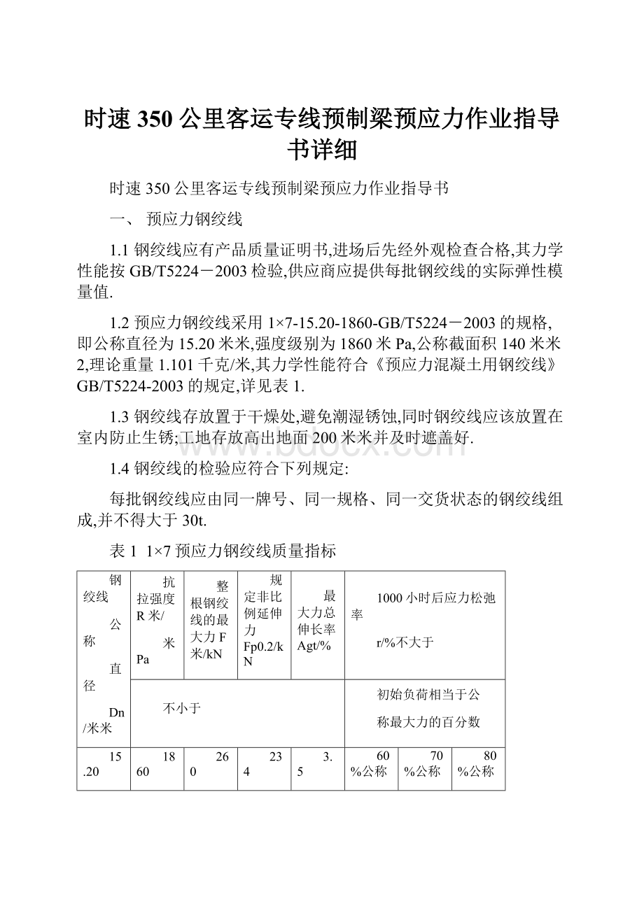 时速350公里客运专线预制梁预应力作业指导书详细.docx