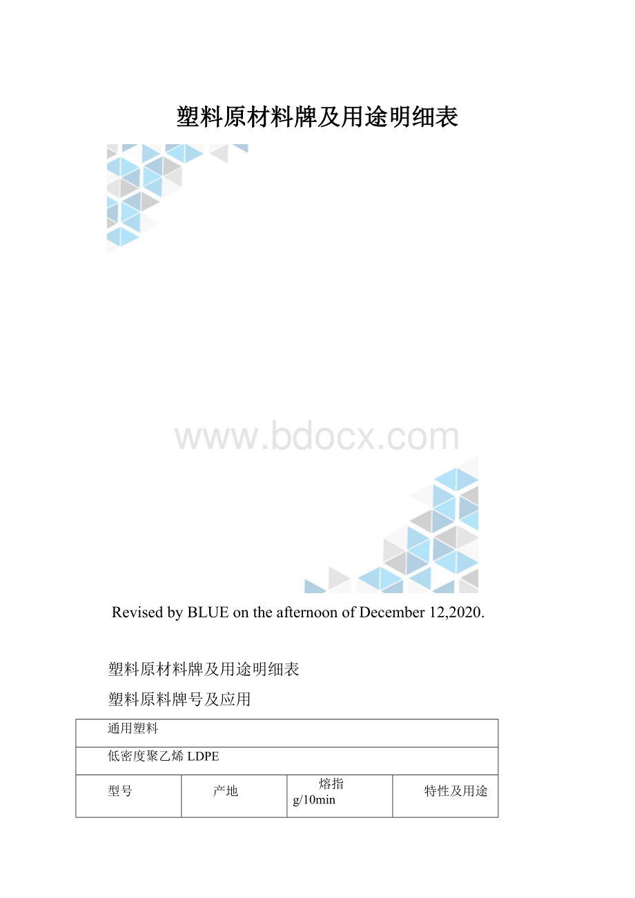 塑料原材料牌及用途明细表.docx_第1页