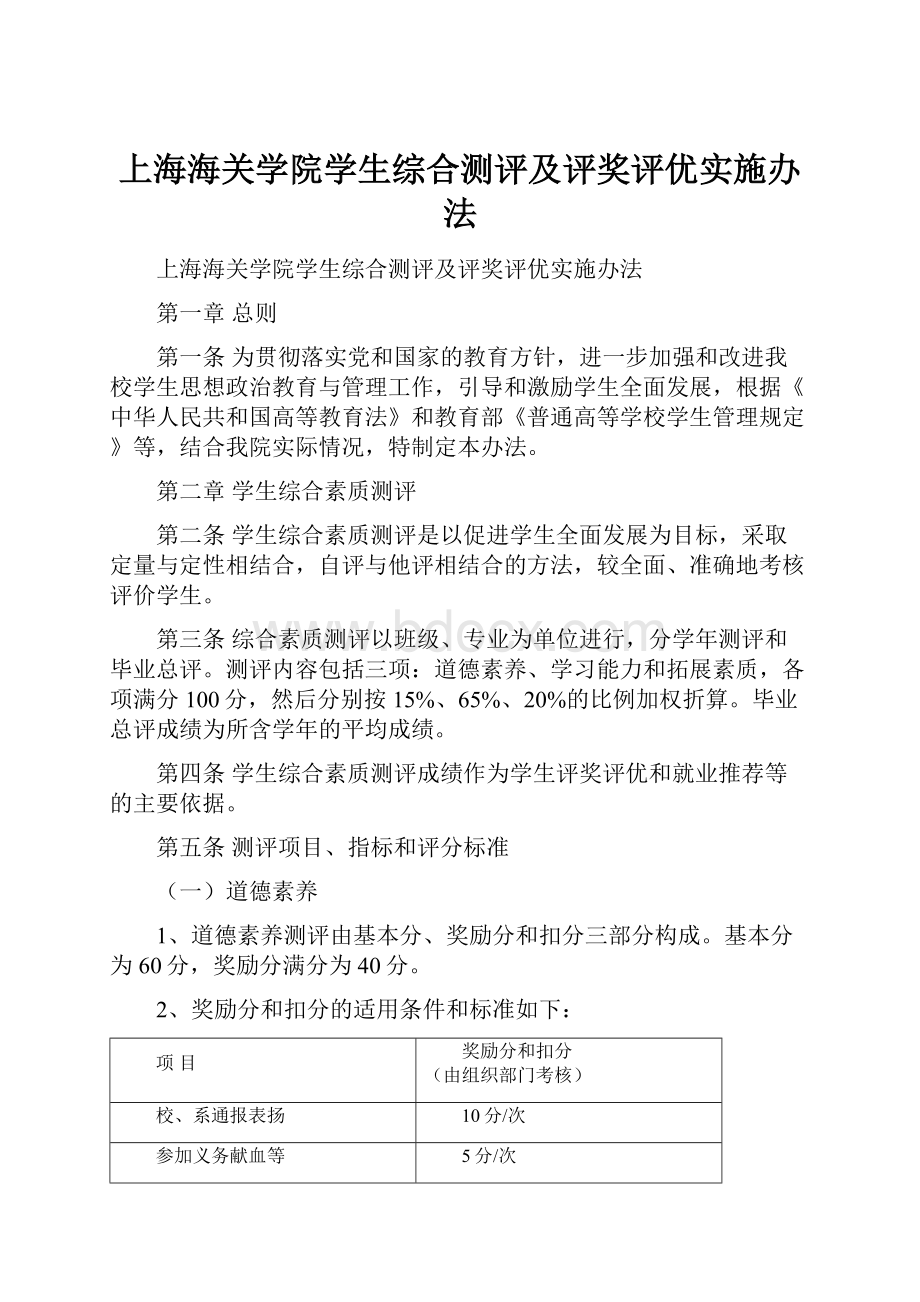 上海海关学院学生综合测评及评奖评优实施办法.docx_第1页