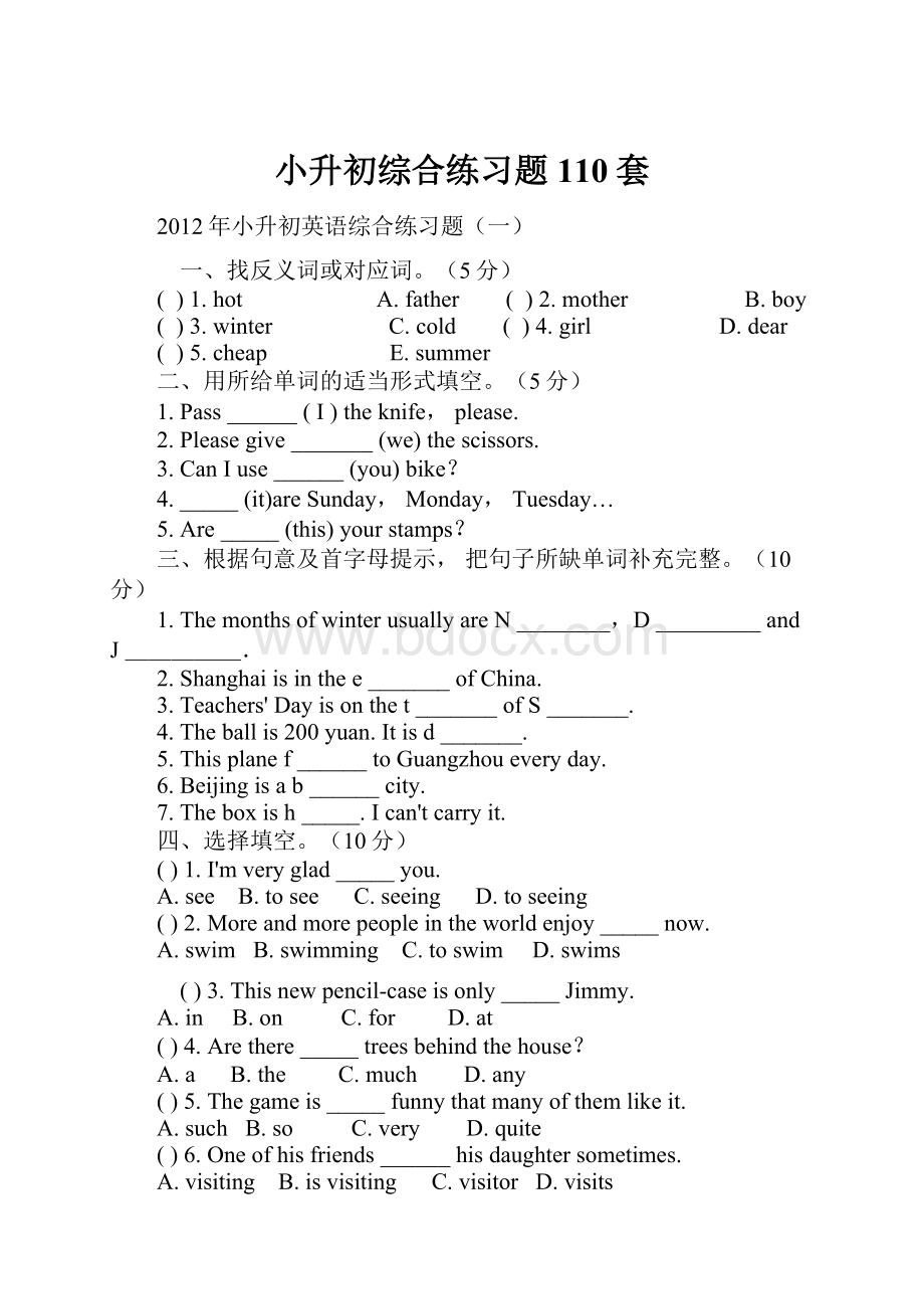 小升初综合练习题110套.docx