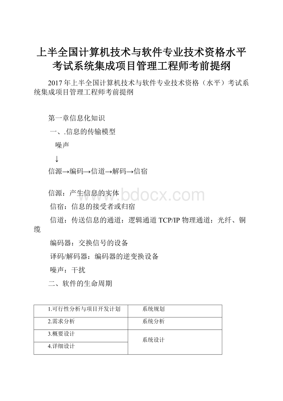 上半全国计算机技术与软件专业技术资格水平考试系统集成项目管理工程师考前提纲.docx_第1页