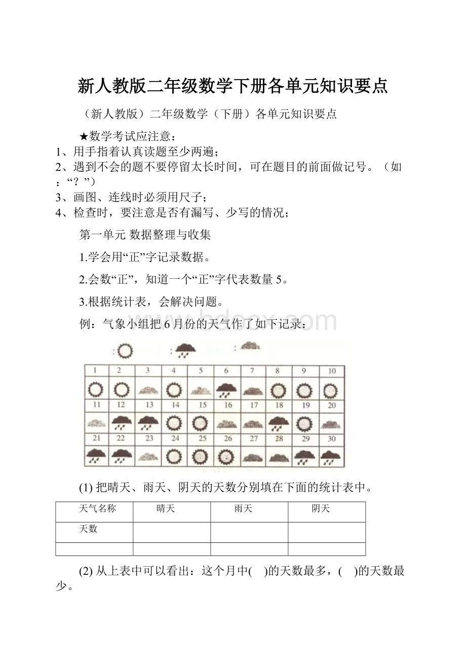 新人教版二年级数学下册各单元知识要点.docx_第1页