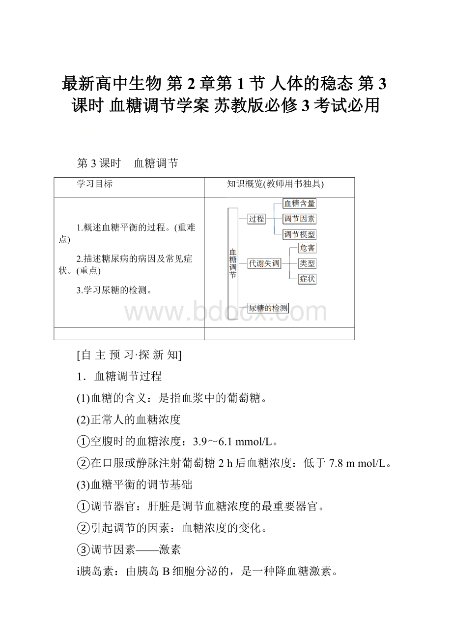 最新高中生物 第2章第1节 人体的稳态 第3课时 血糖调节学案 苏教版必修3考试必用.docx_第1页