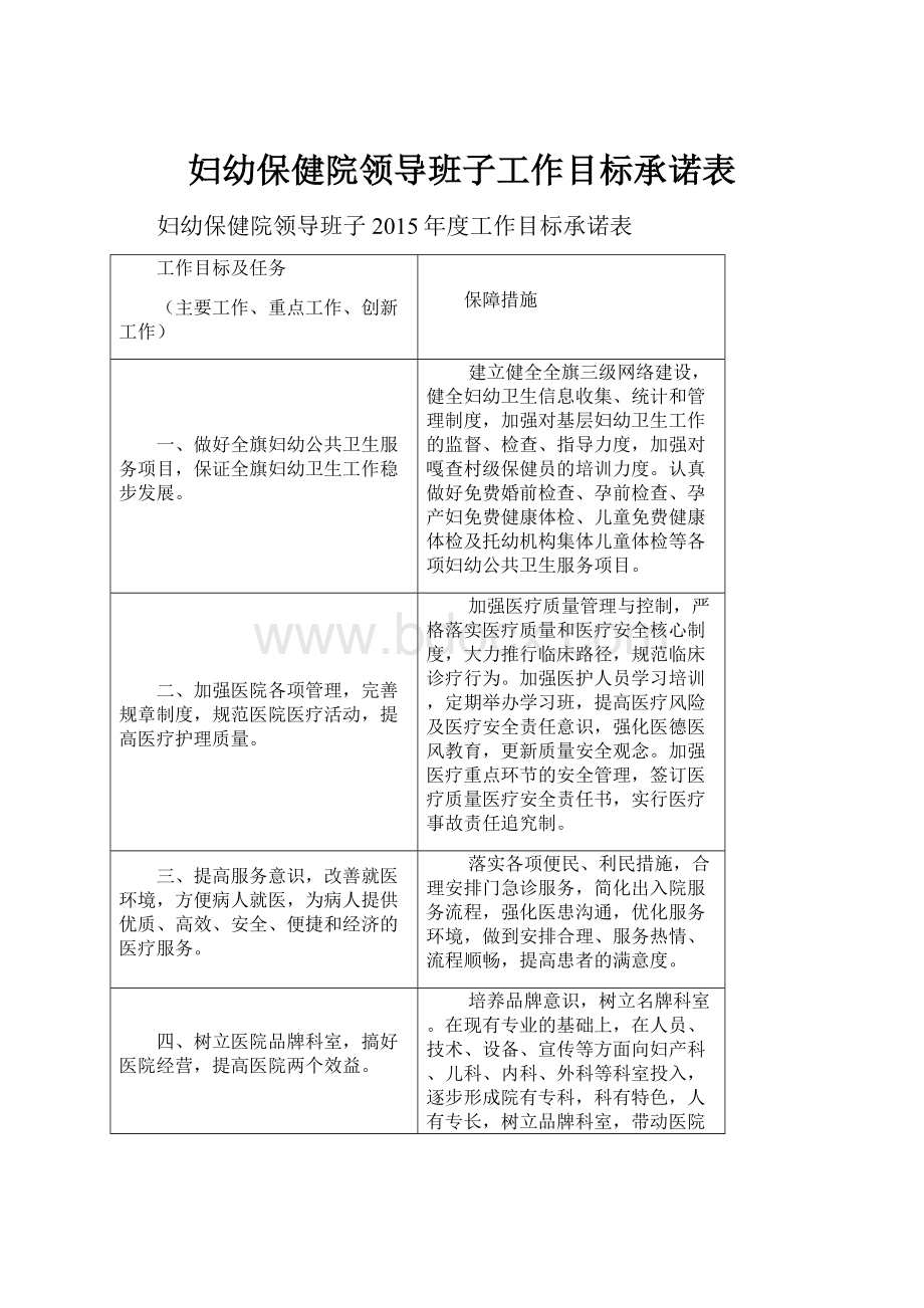 妇幼保健院领导班子工作目标承诺表.docx