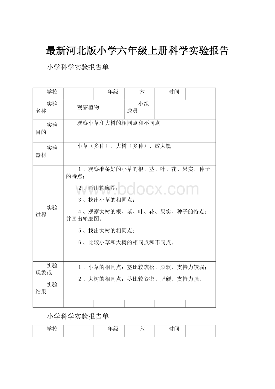 最新河北版小学六年级上册科学实验报告.docx