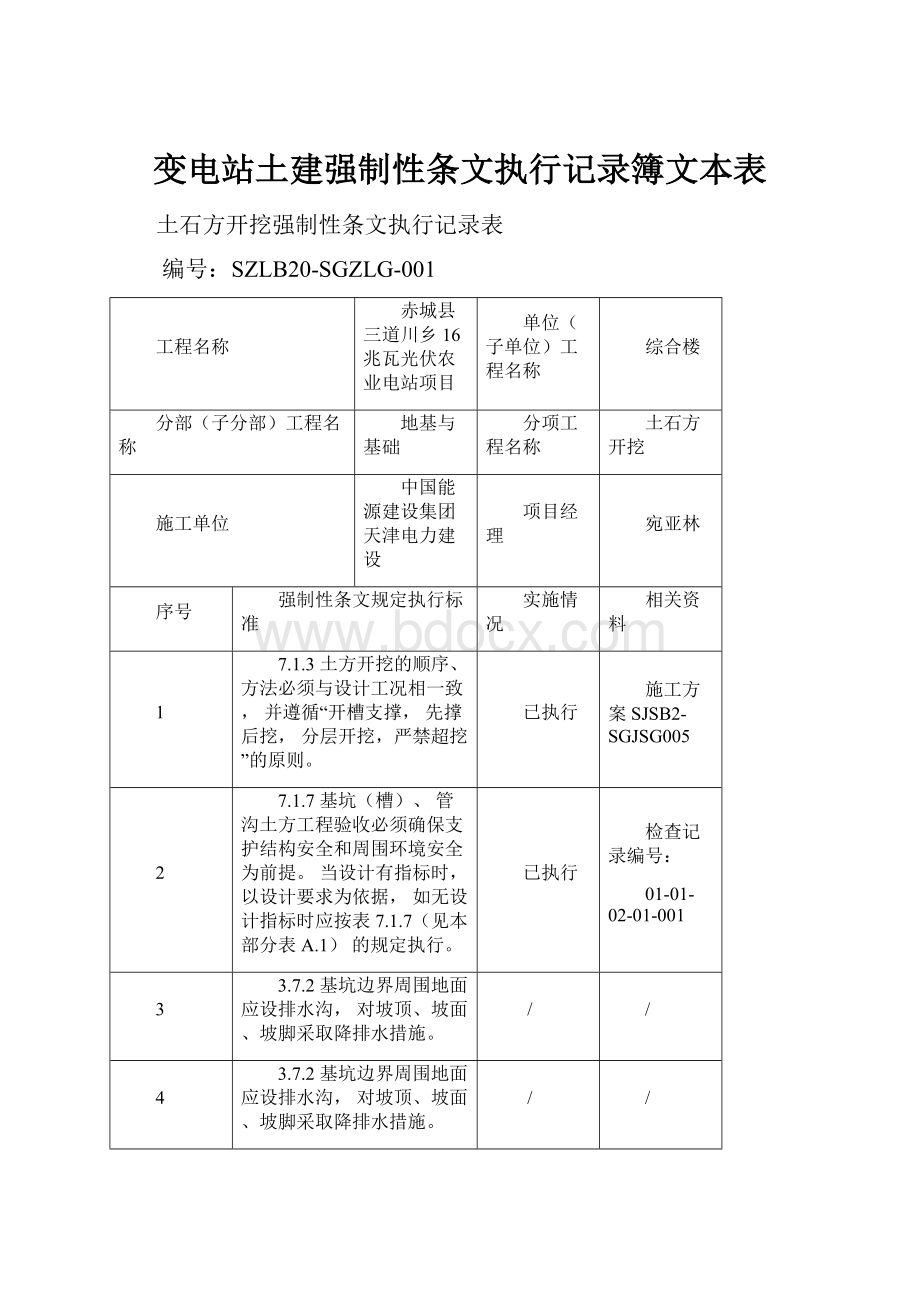 变电站土建强制性条文执行记录簿文本表.docx_第1页