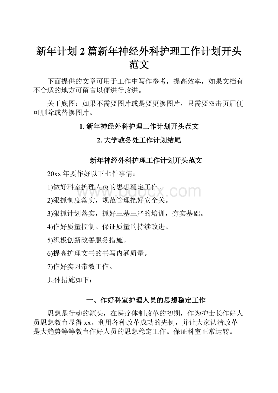 新年计划2篇新年神经外科护理工作计划开头范文.docx