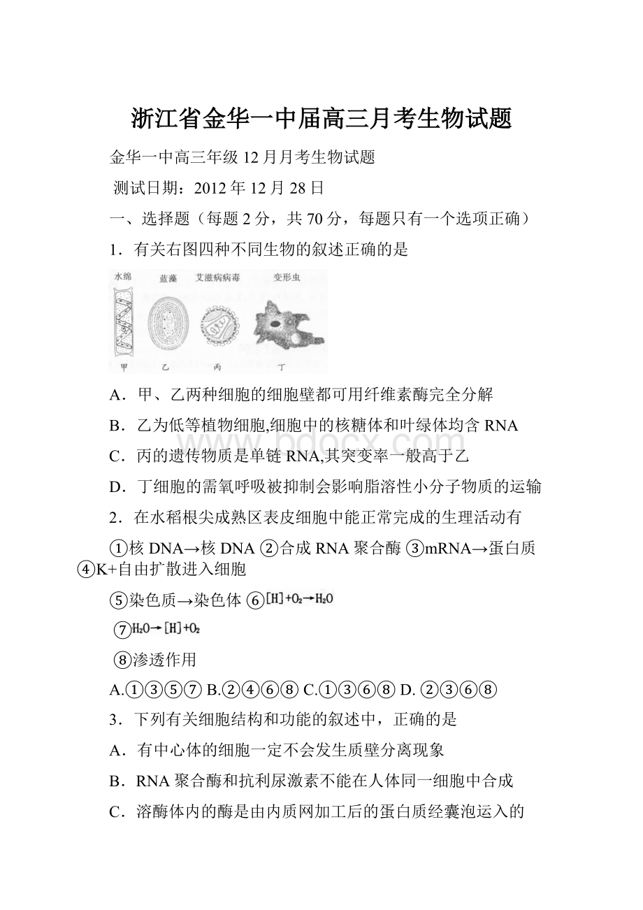 浙江省金华一中届高三月考生物试题.docx