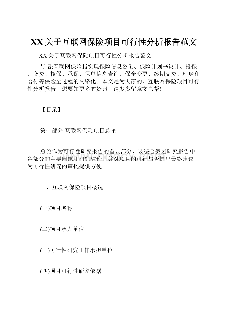 XX关于互联网保险项目可行性分析报告范文.docx_第1页