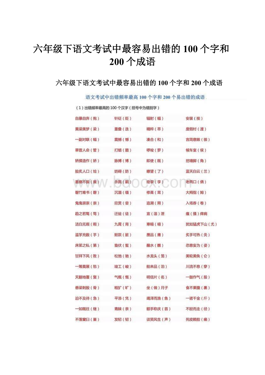 六年级下语文考试中最容易出错的100个字和200个成语.docx