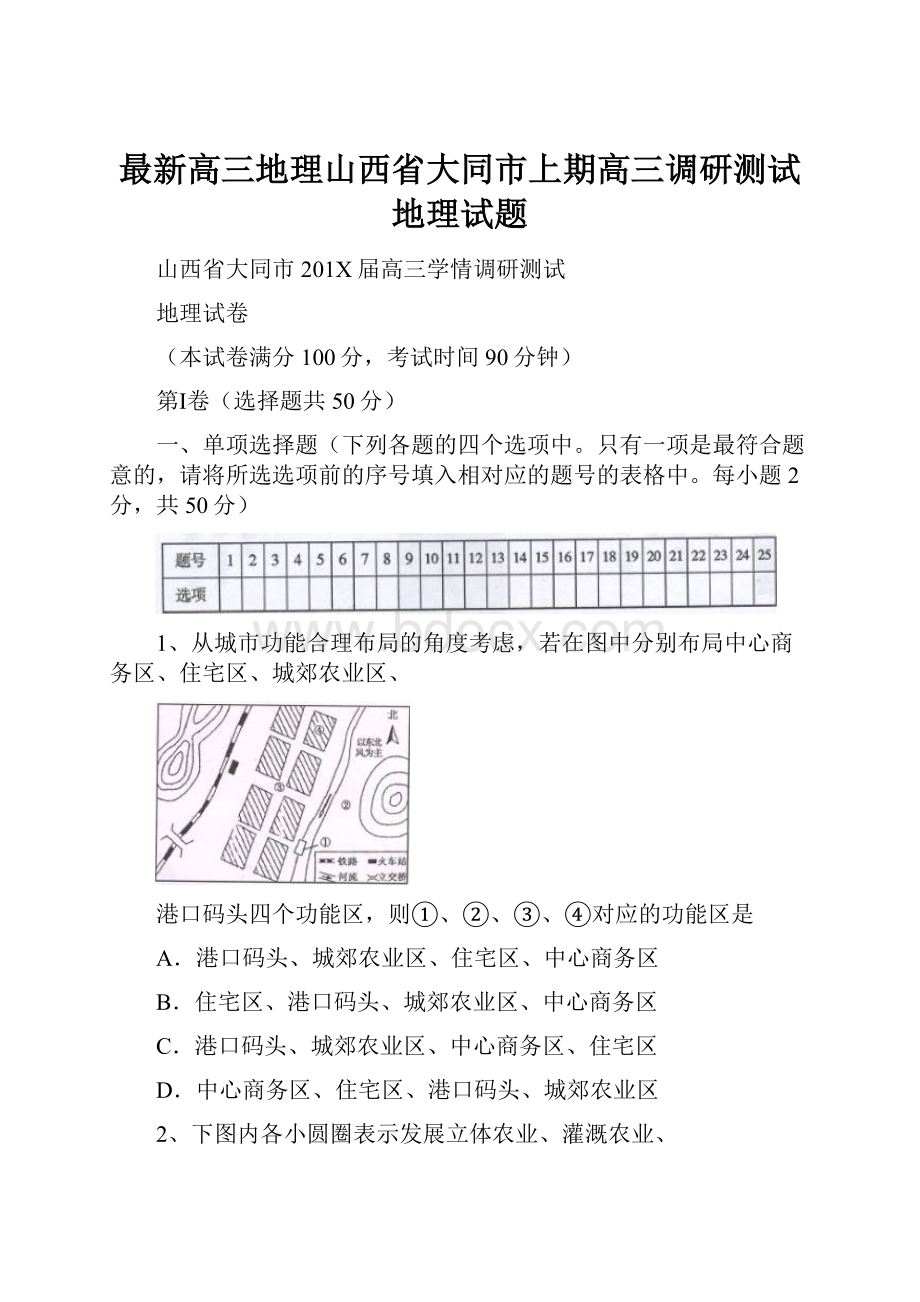 最新高三地理山西省大同市上期高三调研测试地理试题.docx_第1页