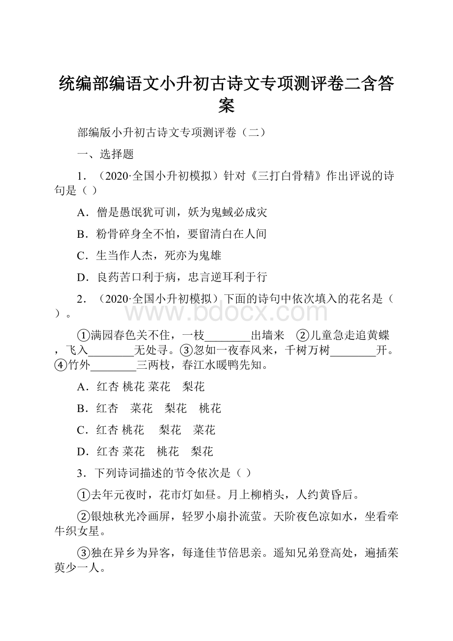 统编部编语文小升初古诗文专项测评卷二含答案.docx