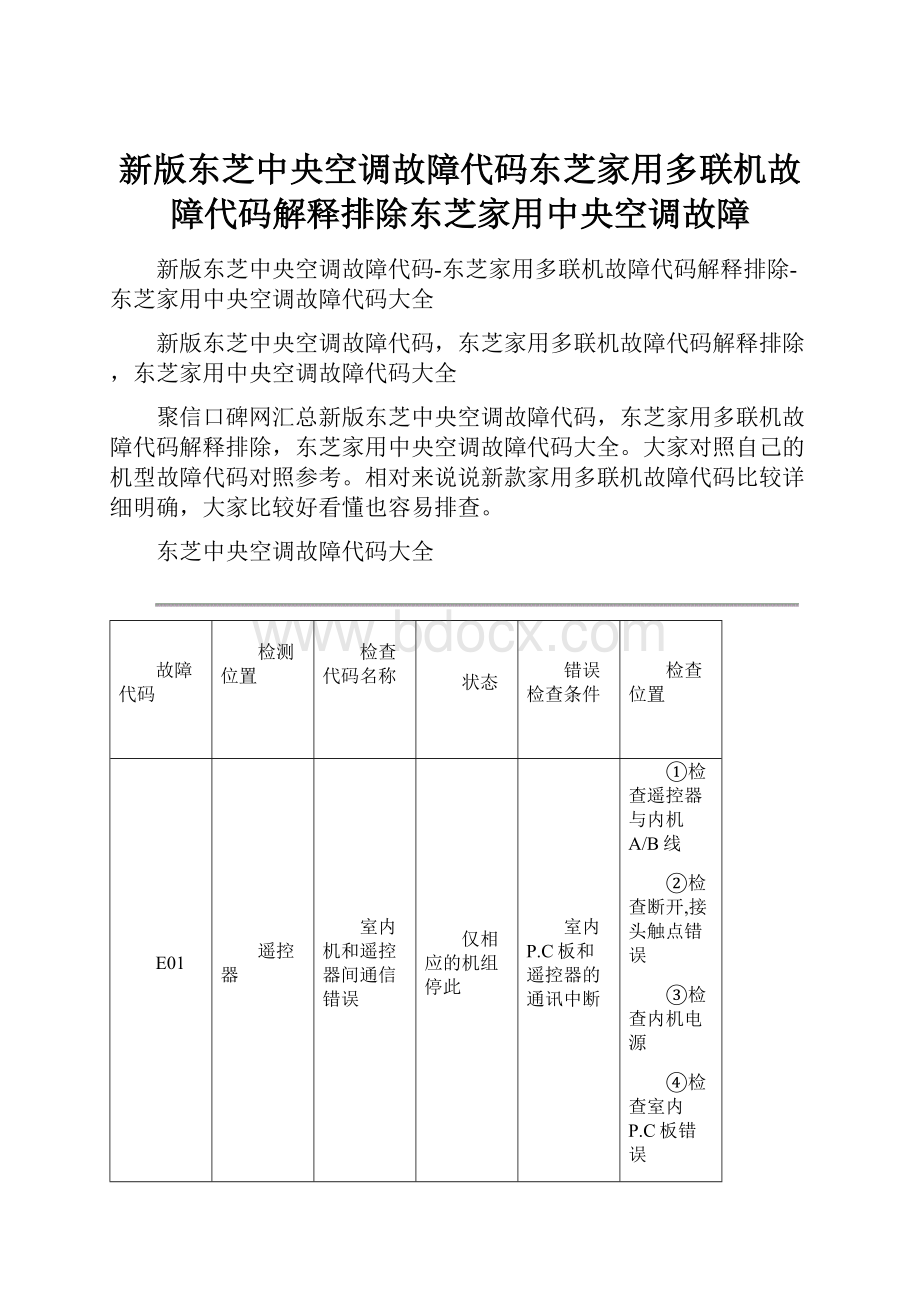 新版东芝中央空调故障代码东芝家用多联机故障代码解释排除东芝家用中央空调故障.docx_第1页