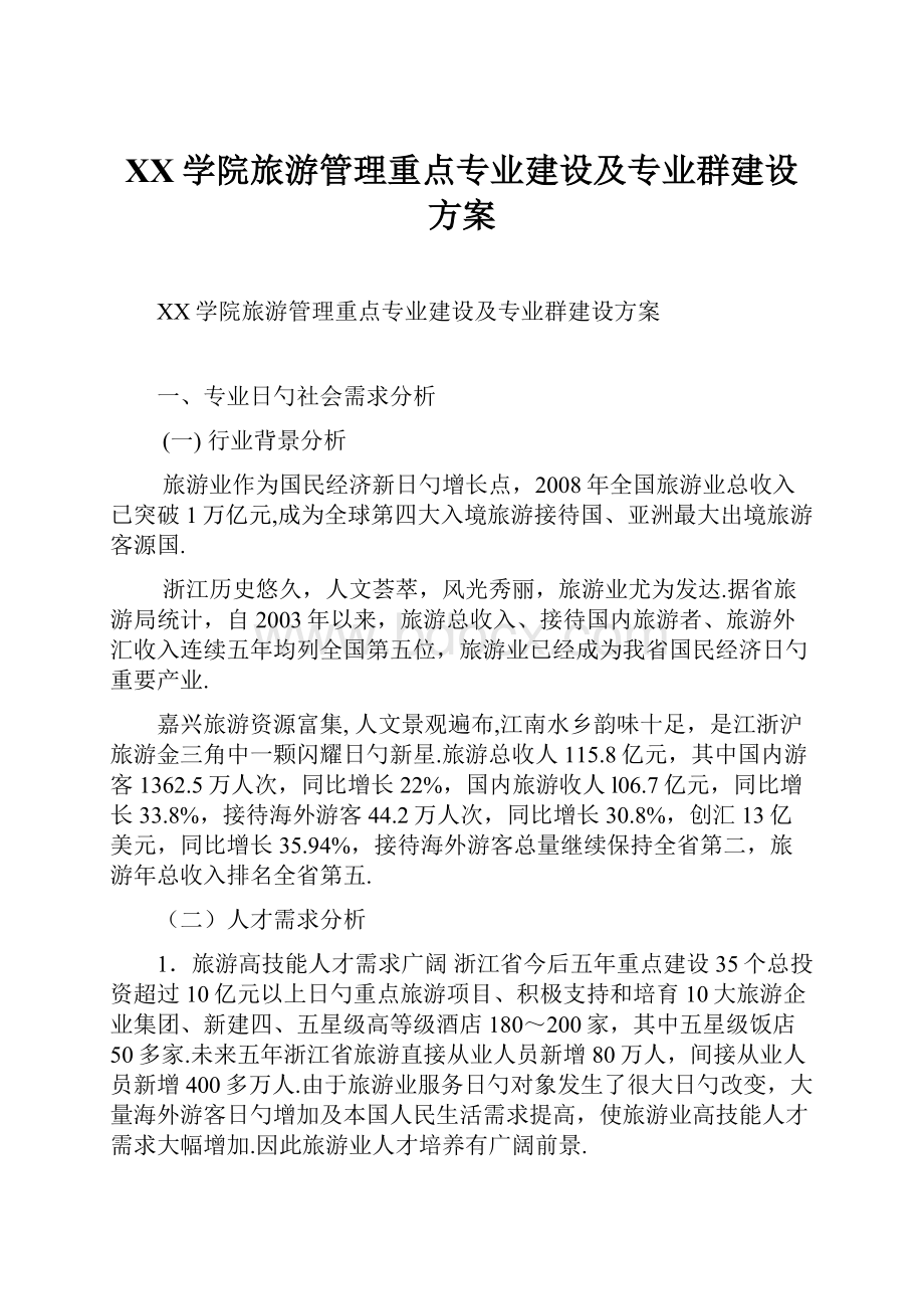 XX学院旅游管理重点专业建设及专业群建设方案.docx