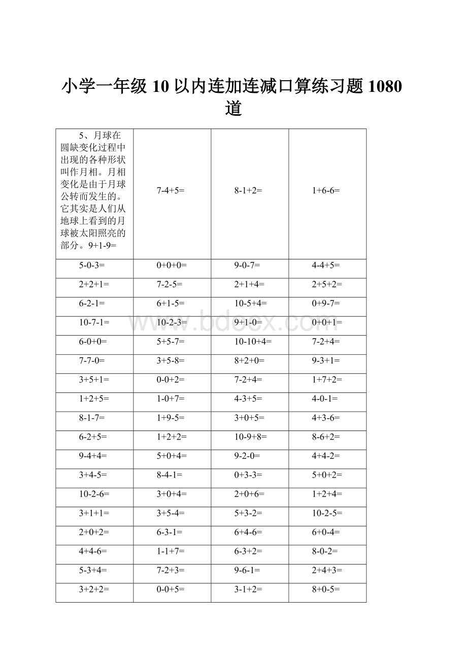 小学一年级10以内连加连减口算练习题1080道.docx