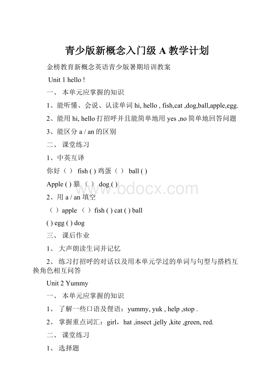 青少版新概念入门级A教学计划.docx