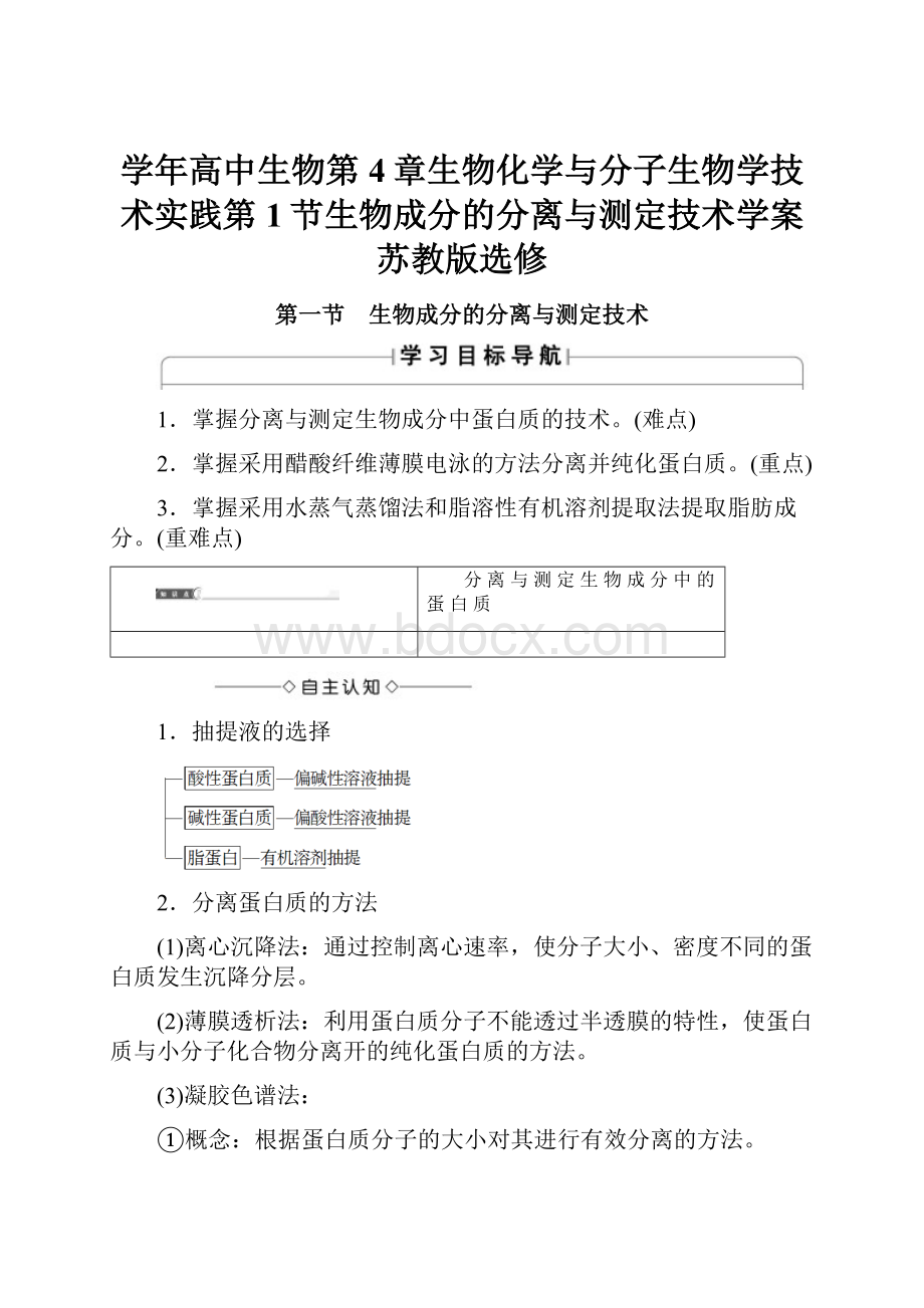 学年高中生物第4章生物化学与分子生物学技术实践第1节生物成分的分离与测定技术学案苏教版选修.docx