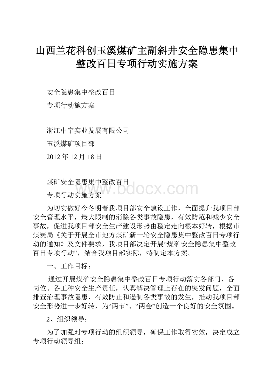 山西兰花科创玉溪煤矿主副斜井安全隐患集中整改百日专项行动实施方案.docx