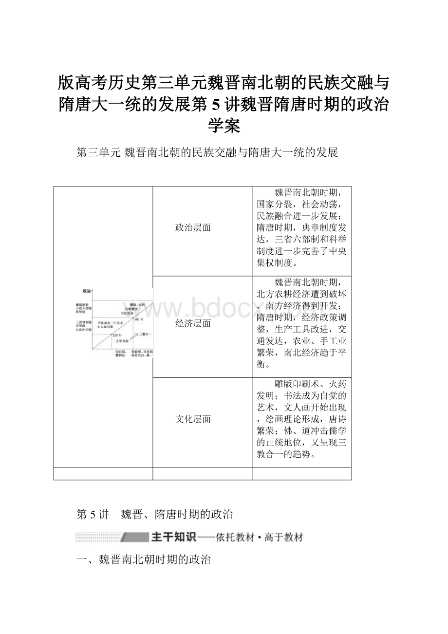 版高考历史第三单元魏晋南北朝的民族交融与隋唐大一统的发展第5讲魏晋隋唐时期的政治学案.docx