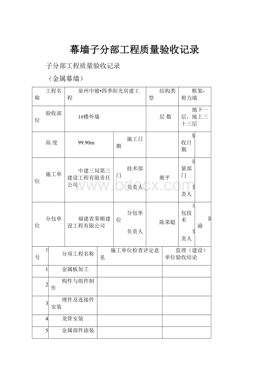 幕墙子分部工程质量验收记录.docx