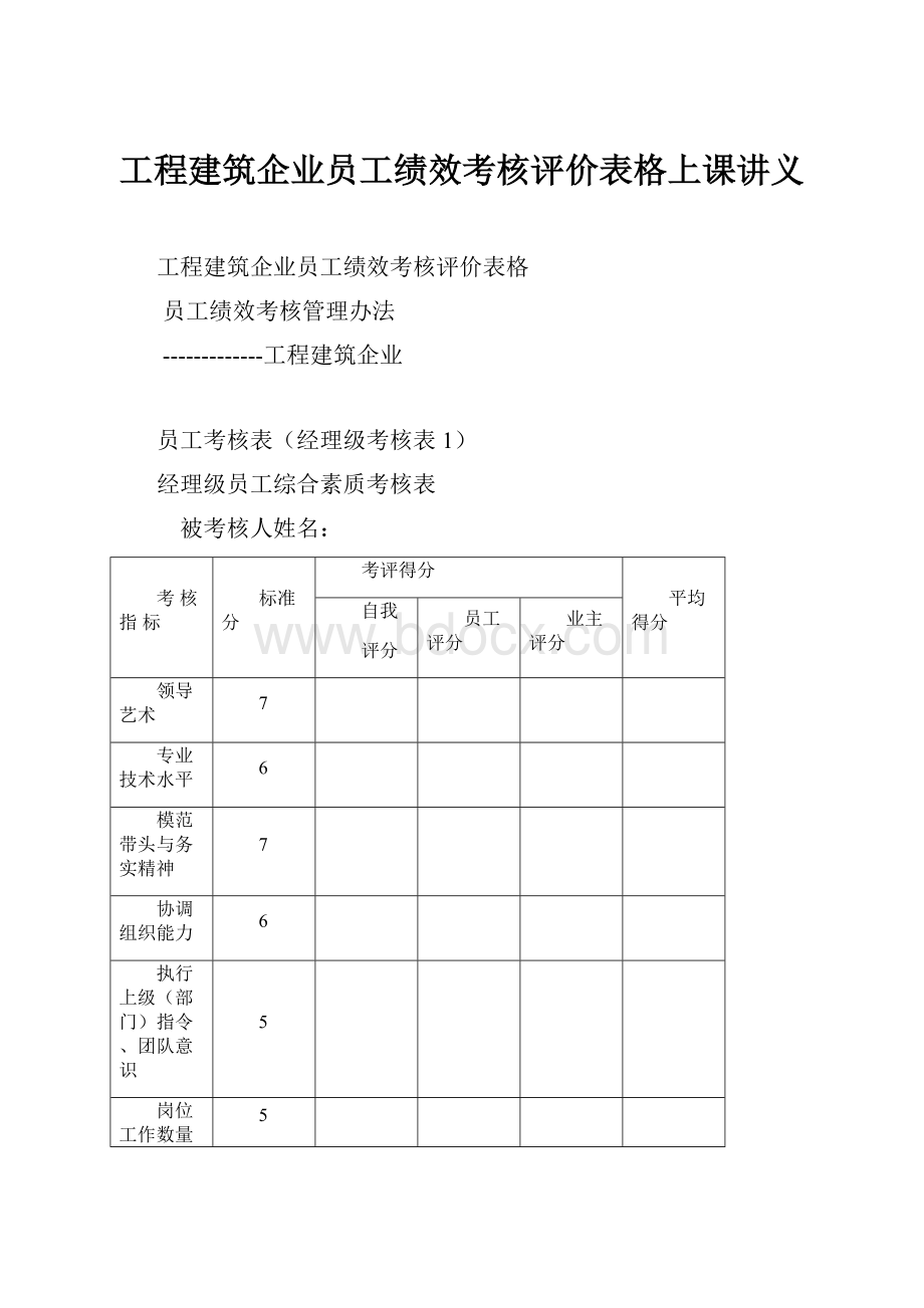 工程建筑企业员工绩效考核评价表格上课讲义.docx