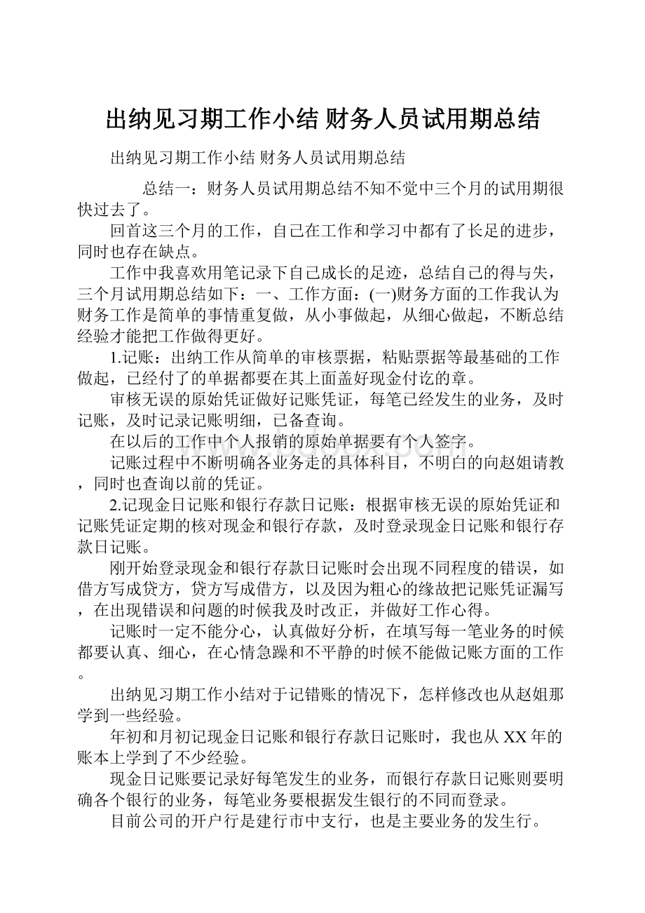 出纳见习期工作小结 财务人员试用期总结.docx_第1页