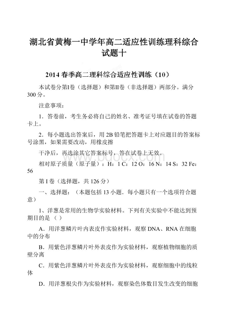 湖北省黄梅一中学年高二适应性训练理科综合试题十.docx_第1页