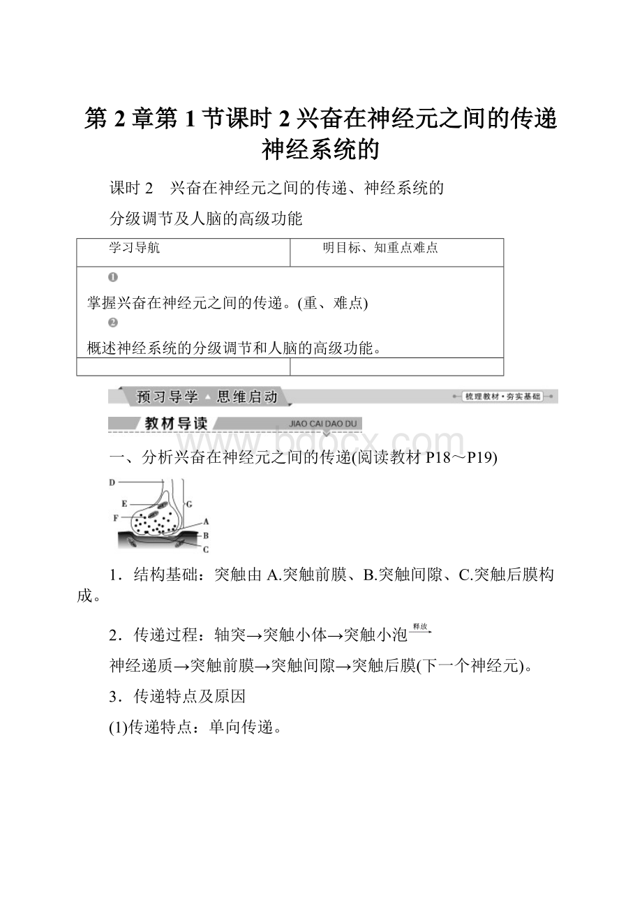 第2章第1节课时2兴奋在神经元之间的传递神经系统的.docx