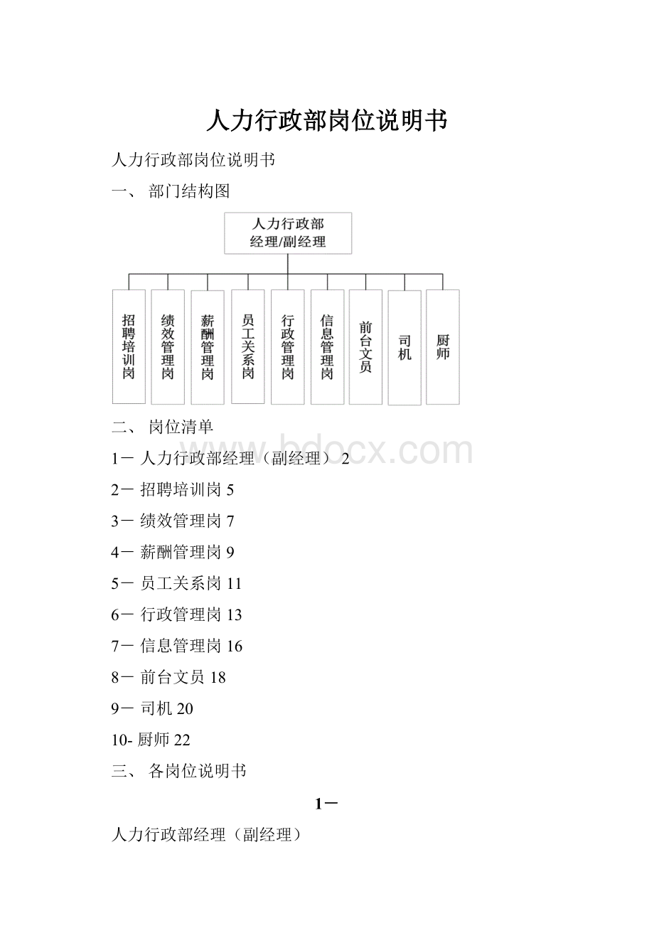 人力行政部岗位说明书.docx_第1页