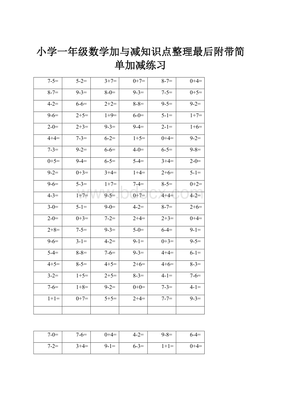 小学一年级数学加与减知识点整理最后附带简单加减练习.docx